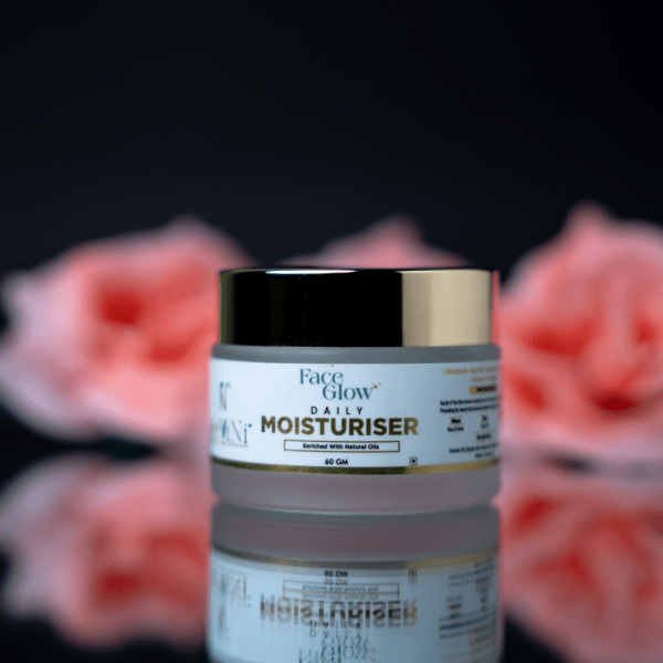 Best Face Moisturiser for Glowing Skin image placed in glass and flower visible in background