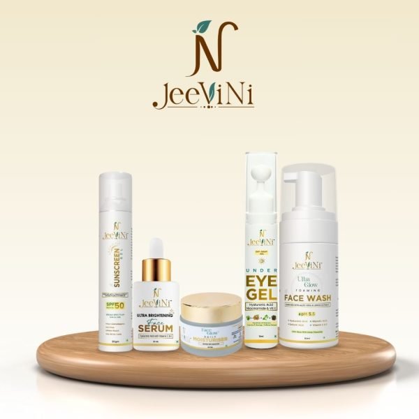 Combo Pack of JeeViNi Skin Care Products - Sunscreen, Brightening Serum, Moisturizing Cream, Face wash and Under EYe Gel