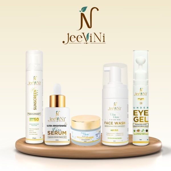 JeeViNi skin care combo pack - Sunscreen, Brightening Serum, Moisturizing Cream, Face wash and Under EYe Gel